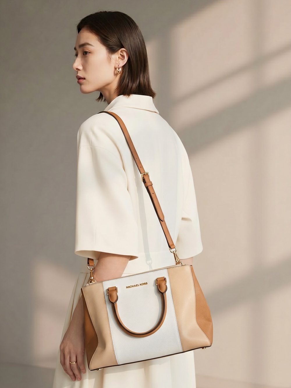Designer Michael Kors Leather Satchel Bag | Cream & Tan Crossbody Purse